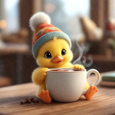 The primary subject of the image is a small yellow bird, possibly a chick, sitting on a cup of coffee. The bird is wearing a knitted hat, adding a cute and cozy touch to the scene. The setting appears to be a cozy indoor space, with a chair visible in the background. The visual style of the image is a combination of photo and digital art, creating a whimsical and charming atmosphere. The colors and mood of the image are predominantly warm and inviting, with the